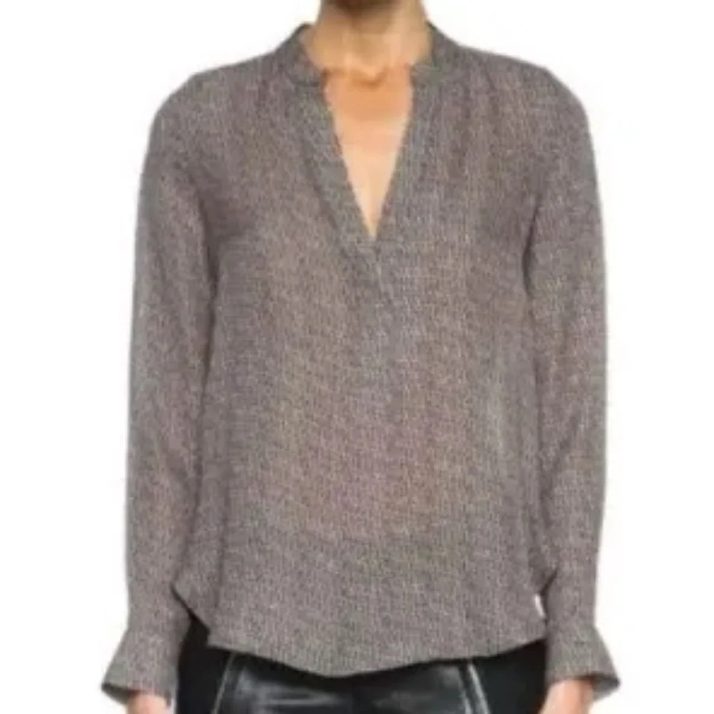 VINCE Silk Popover Long Sleeve Tab Blouse Top Tan Brown Black Pattern Size 6 - Picture 1 of 6